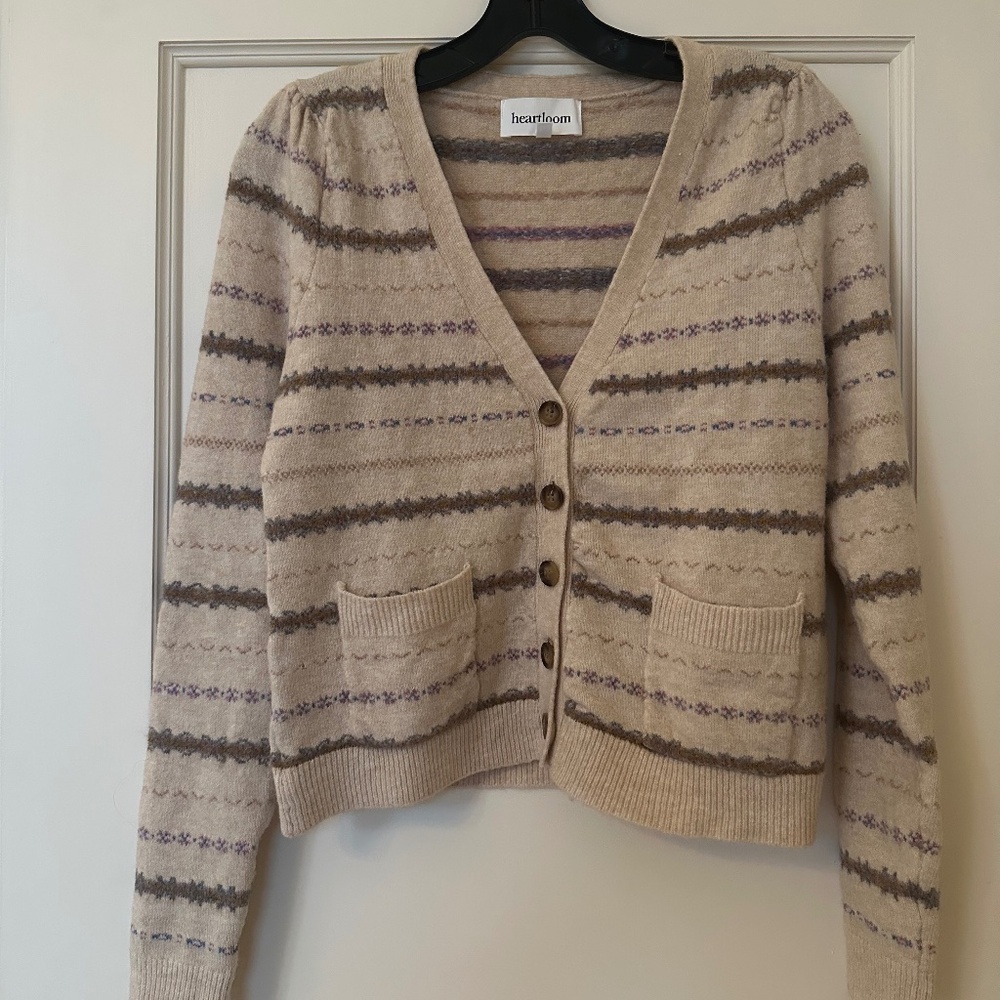 Heartloom cardigan - tan, blue, lavender - size M